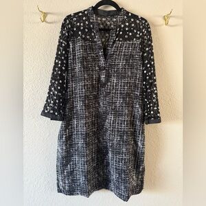 Black White 3/4 Sleeve Kurti Tunic Top Multi Fabric Print Size M Faceted Buttons